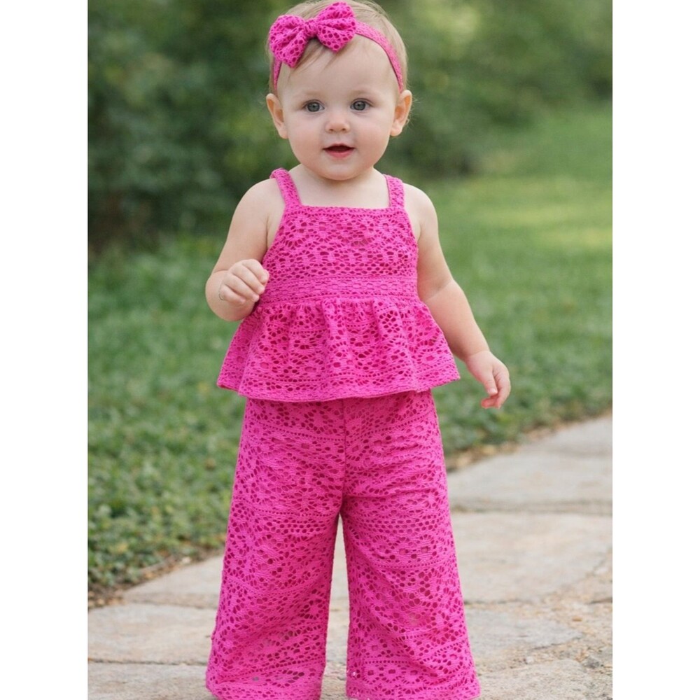 NWT Btween Baby Pink Crochet Lace 3PC Outfit Set 12M Top Pants Headband